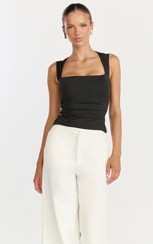 Seraphina Top - Square Neck Gathered Waist Top in Black