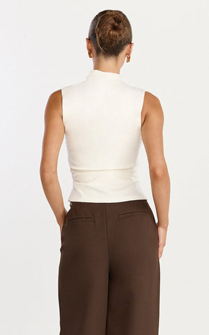 Gisandra Top - High Neck Gathered Sleeveless Top in Cream