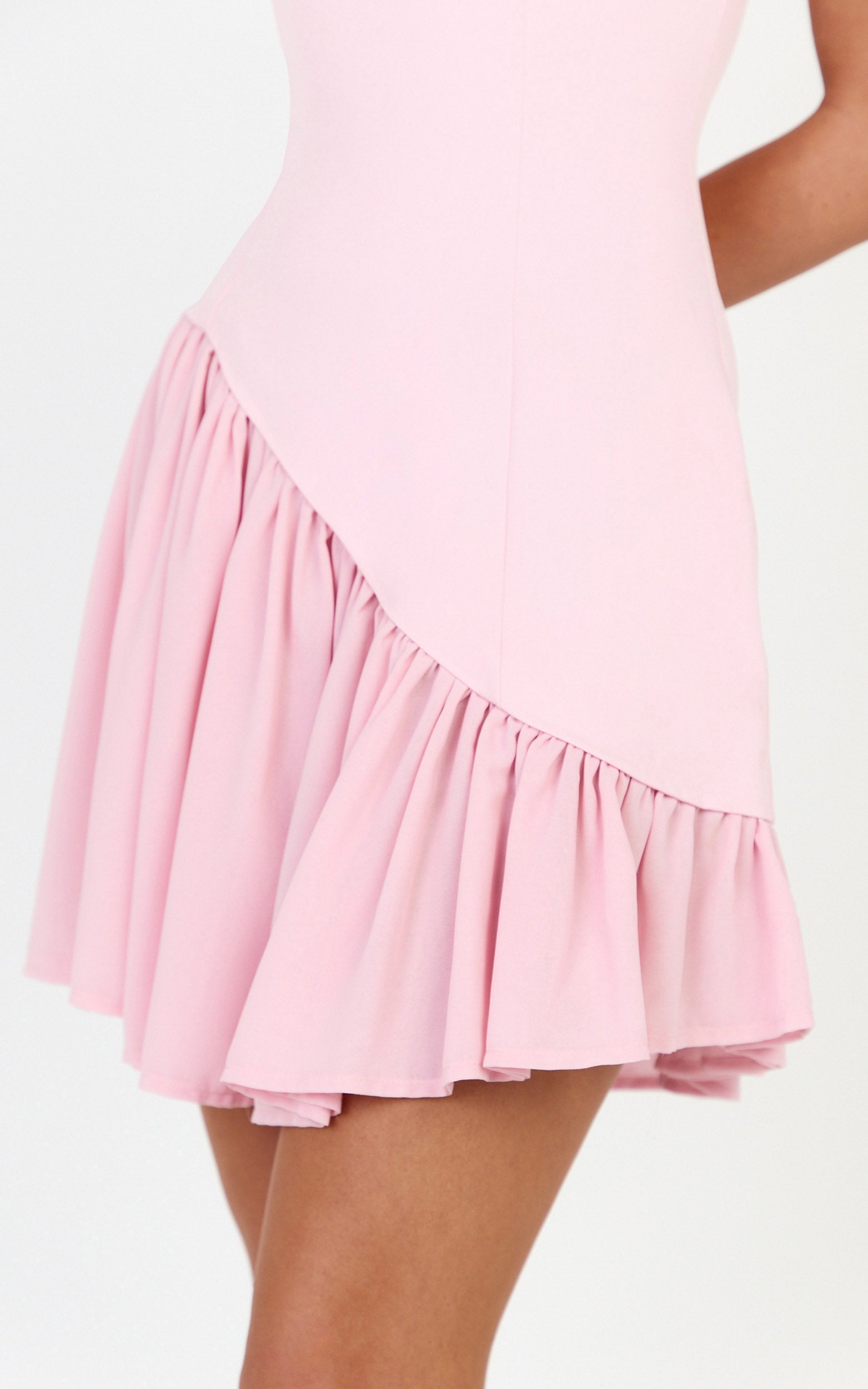 Calla Mini Dress - Strapless Gathered Asymmetric Dropped Waist Dress in Pink