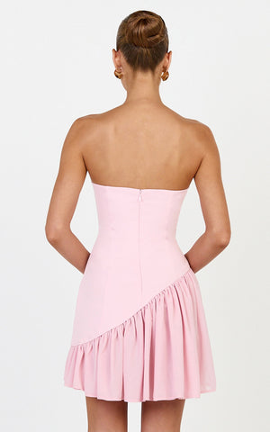 Calla Mini Dress - Strapless Gathered Asymmetric Dropped Waist Dress in Pink