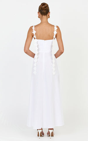 Clementine Midi Dress - 3D Floral Strap Dress in White