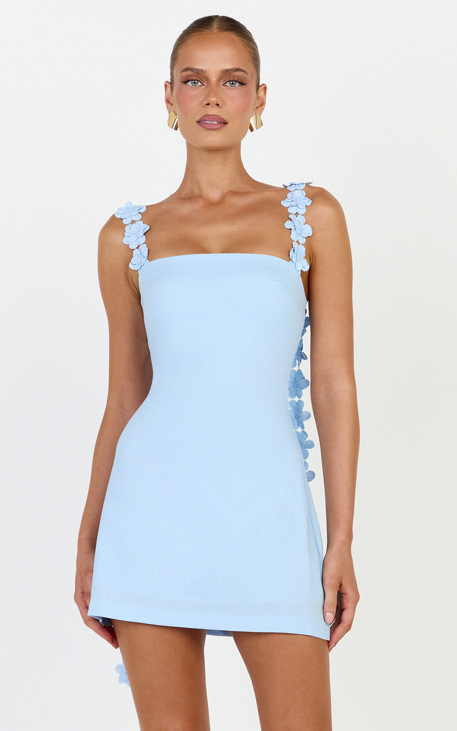 Clementine Mini Dress -  3D Floral Strap Dress in Blue