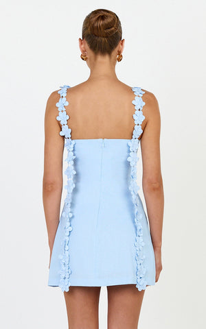 Clementine Mini Dress -  3D Floral Strap Dress in Blue