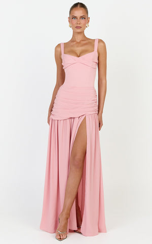 Freya Maxi Dress - Twist Bust Detail Drop Waist Dress in Pink