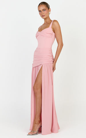 Freya Maxi Dress - Twist Bust Detail Drop Waist Dress in Pink