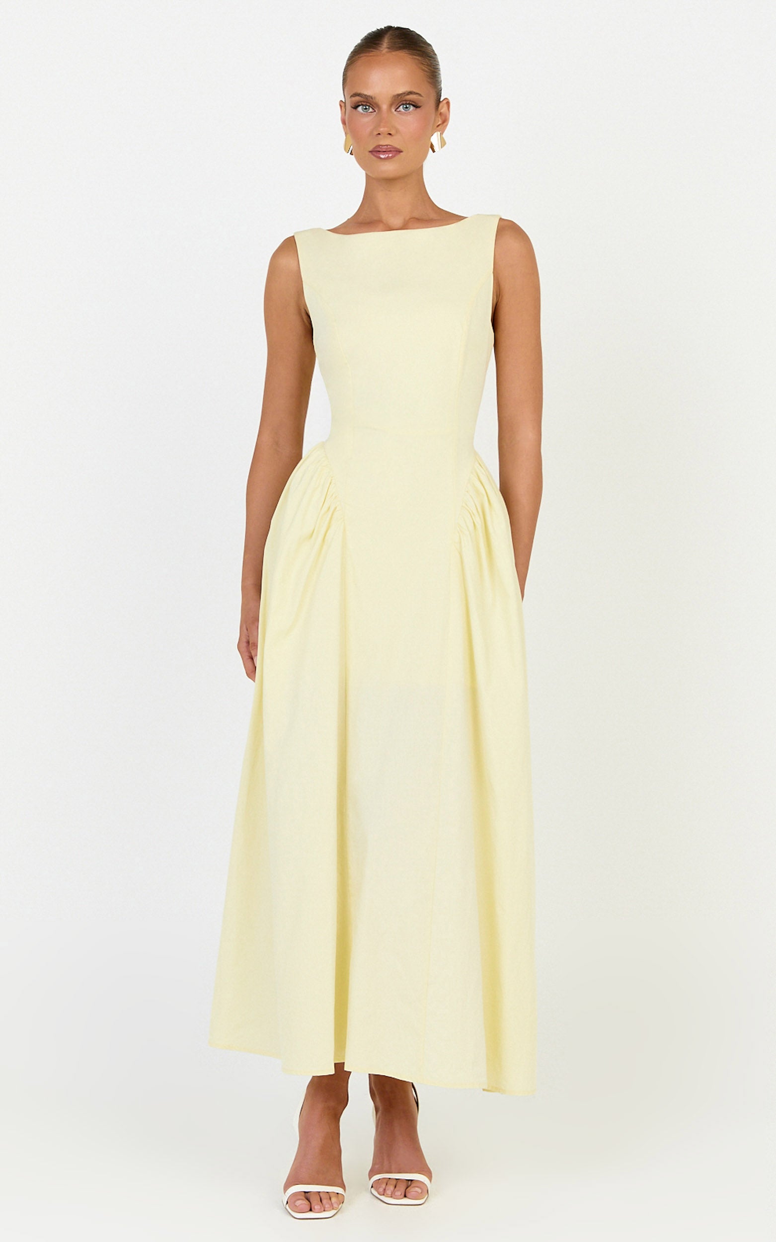 Casina Midi Dress - Boat Neck Tie Back Fit And Flare Dress in Yellow