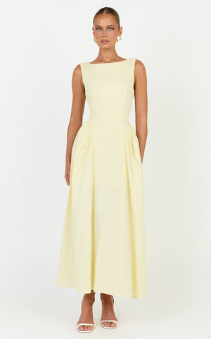 Casina Midi Dress - Boat Neck Tie Back Fit And Flare Dress in Yellow