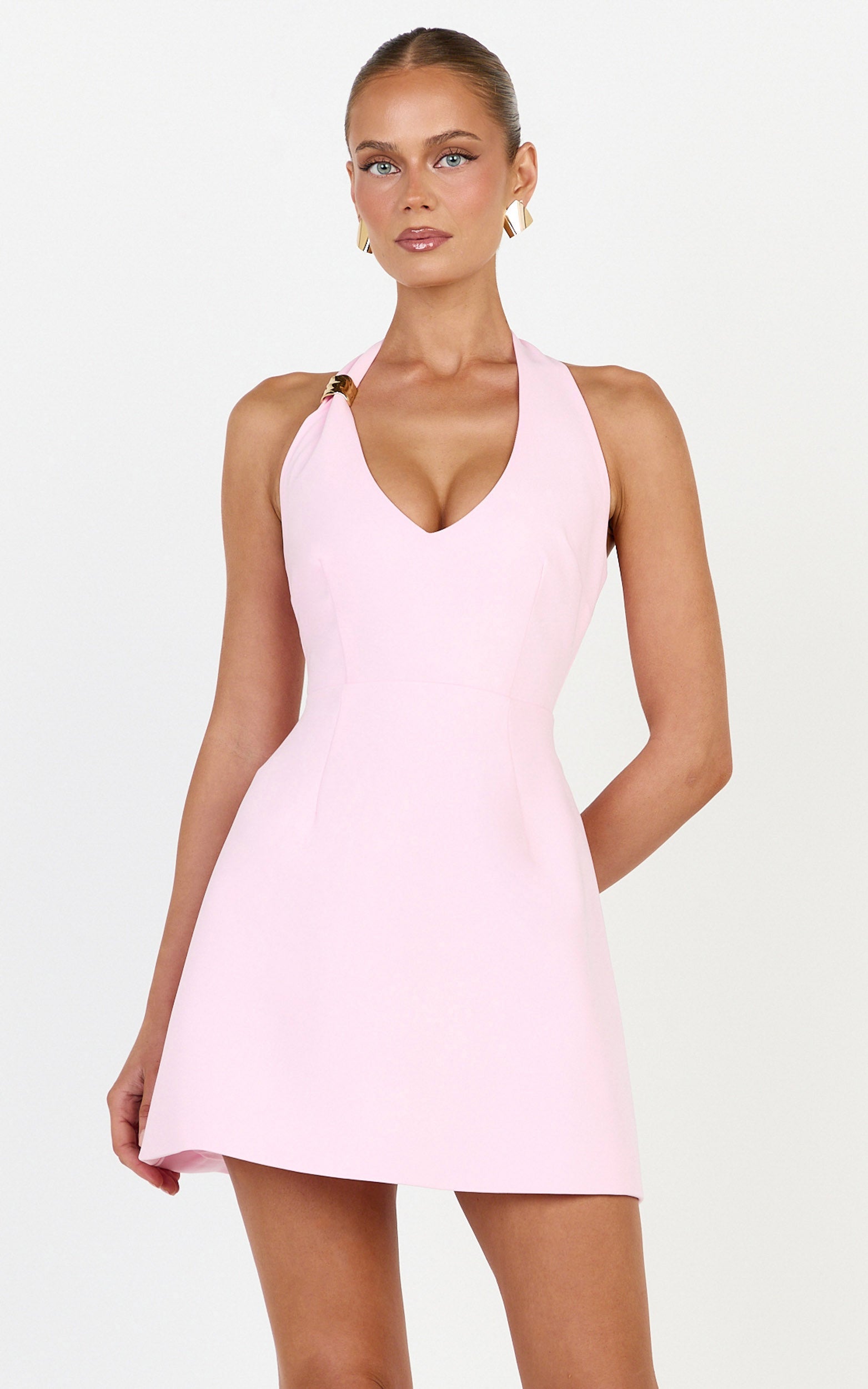Leilani Mini Dress - Plunge Gold Hardware Fit and Flare Dress in Pink