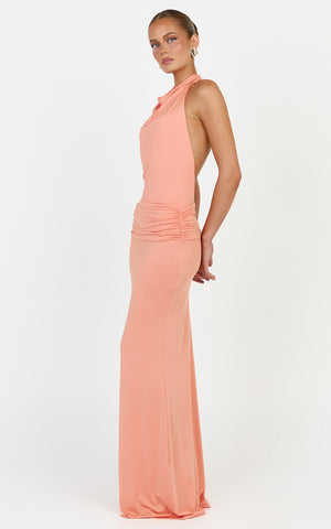 Lizzy Maxi Dress - Backless Ruched Bodycon Dress in Coral