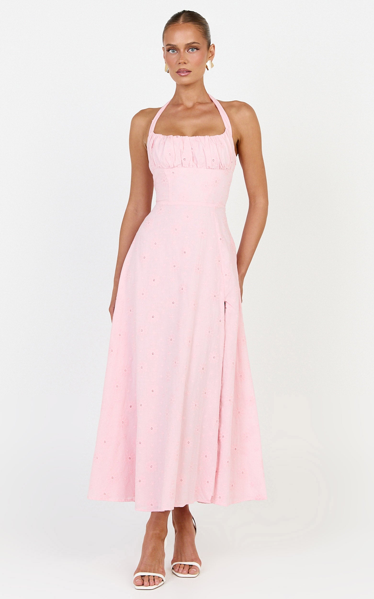Lyra Midi Dress - Broderie Ruched Bust Halter Neck Dress in Pink