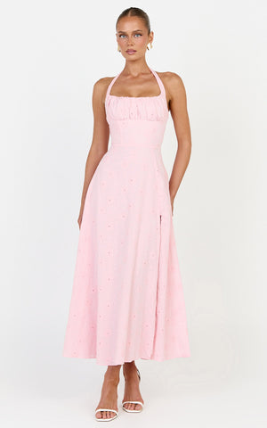 Lyra Midi Dress - Broderie Ruched Bust Halter Neck Dress in Pink