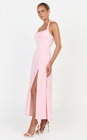 Lyra Midi Dress - Broderie Ruched Bust Halter Neck Dress in Pink