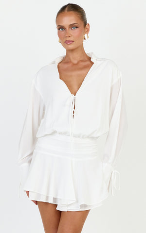 Melanie Mini Dress -  Tie Front Long Sleeve Shirt Dress in White