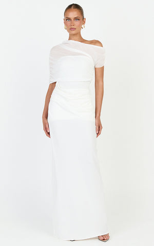Nami Maxi Dress - Overlay Off Shoulder Draped Cowl Waist Dress in White