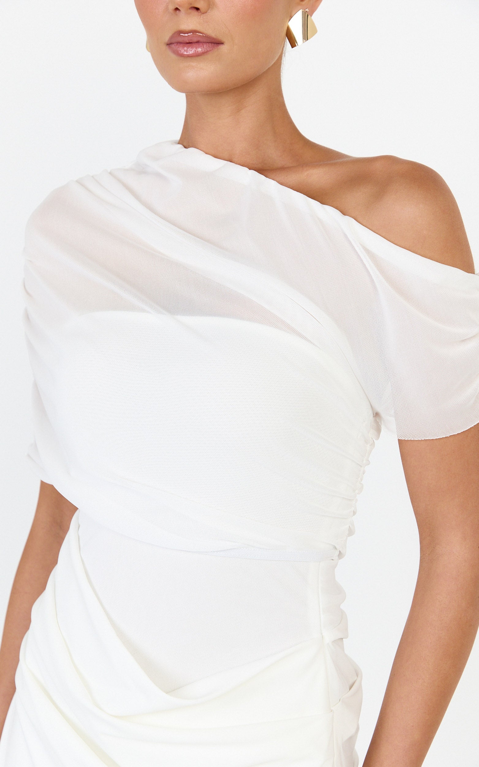 Nami Maxi Dress - Overlay Off Shoulder Draped Cowl Waist Dress in White