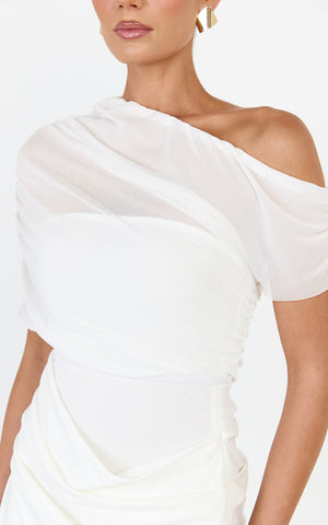 Nami Maxi Dress - Overlay Off Shoulder Draped Cowl Waist Dress in White