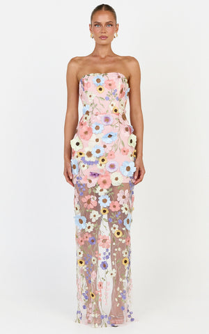Sienna Maxi Dress - 3D Floral Strapless Column Dress in Multi