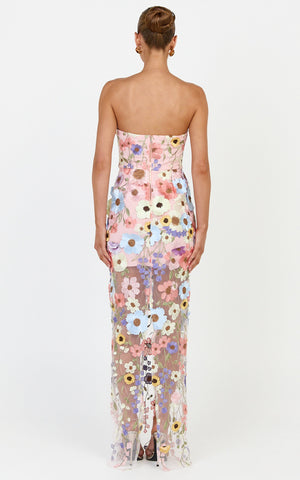 Sienna Maxi Dress - 3D Floral Strapless Column Dress in Multi