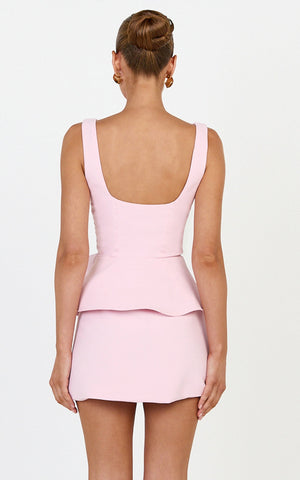 Vivienne Mini Dress - Square Neck Rosette Peplum Dress in Pink