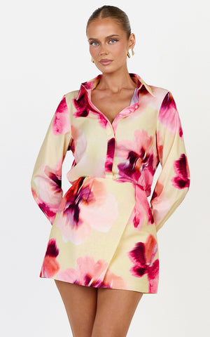 Sailor Top - Collared Button Up Long Sleeve Top in Floral Bloom Print