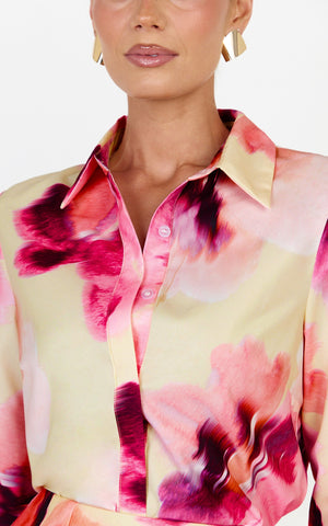 Sailor Top - Collared Button Up Long Sleeve Top in Floral Bloom Print
