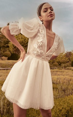 Akshia Mini Dress - Puff Sleeve Floral Detail Plunge Neck Dress in White