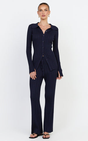 Kelsey Pants - High Drawstring Waist Knit Pants in Navy
