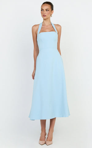 Karissa Midi Dress - Halter Neck Fit and Flare Midi Dress in Pale Blue