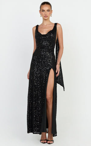 Malisha Maxi Dress - Sequin Cowl Neck Backless Dress in Black