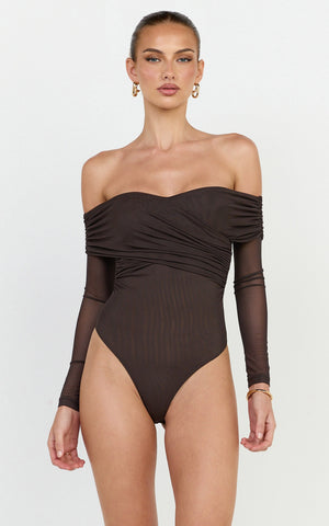 Opal Bodysuit - Long Sleeve Wrapped Off Shoulder Bodysuit in Chocolate