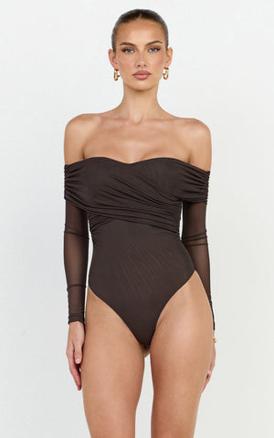 Opal Bodysuit - Long Sleeve Wrapped Off Shoulder Bodysuit in Chocolate