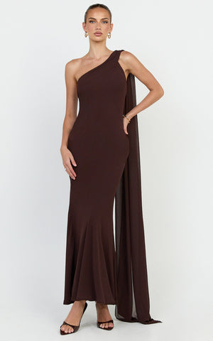 Carmilla  Maxi Dress - One Shoulder Scarf Dress in Chocolate
