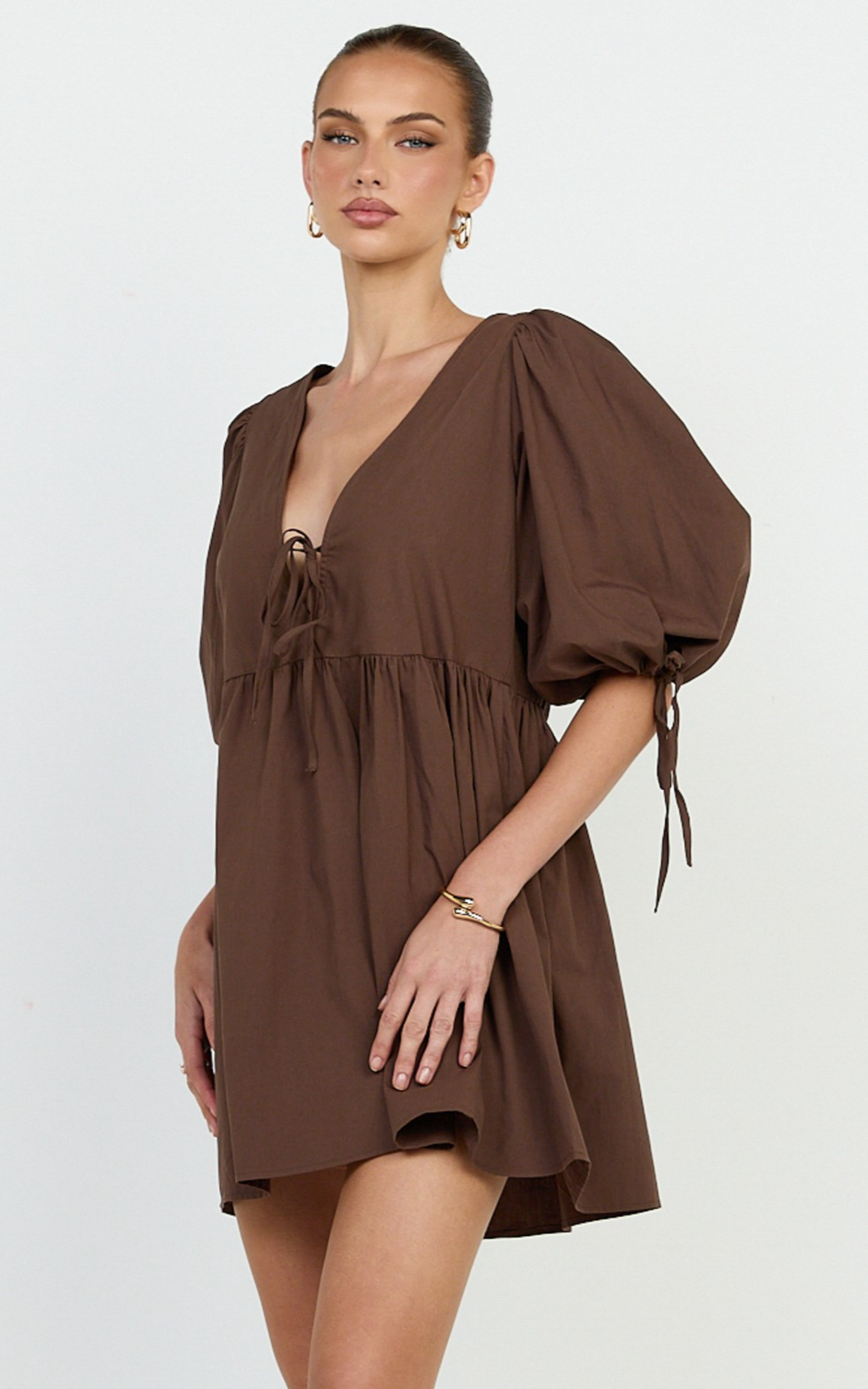 Rosita Mini Dress - Tie Front Puff Sleeve Dress in Chocolate