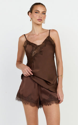 Ava Top - Lace Trim Longline Camisole Top in Chocolate