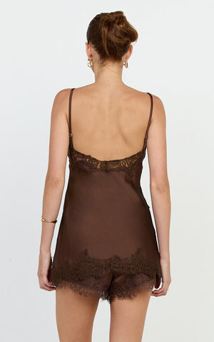 Ava Top - Lace Trim Longline Camisole Top in Chocolate