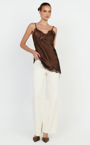 Ava Top - Lace Trim Longline Camisole Top in Chocolate