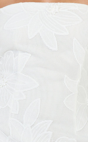 Sienna Midi Dress - Strapless Floral Embroidered Bodycon Dress in White