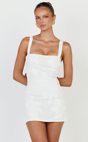 Sienna Mini Dress - Square Neck Floral Embroidered A Line Dress in White