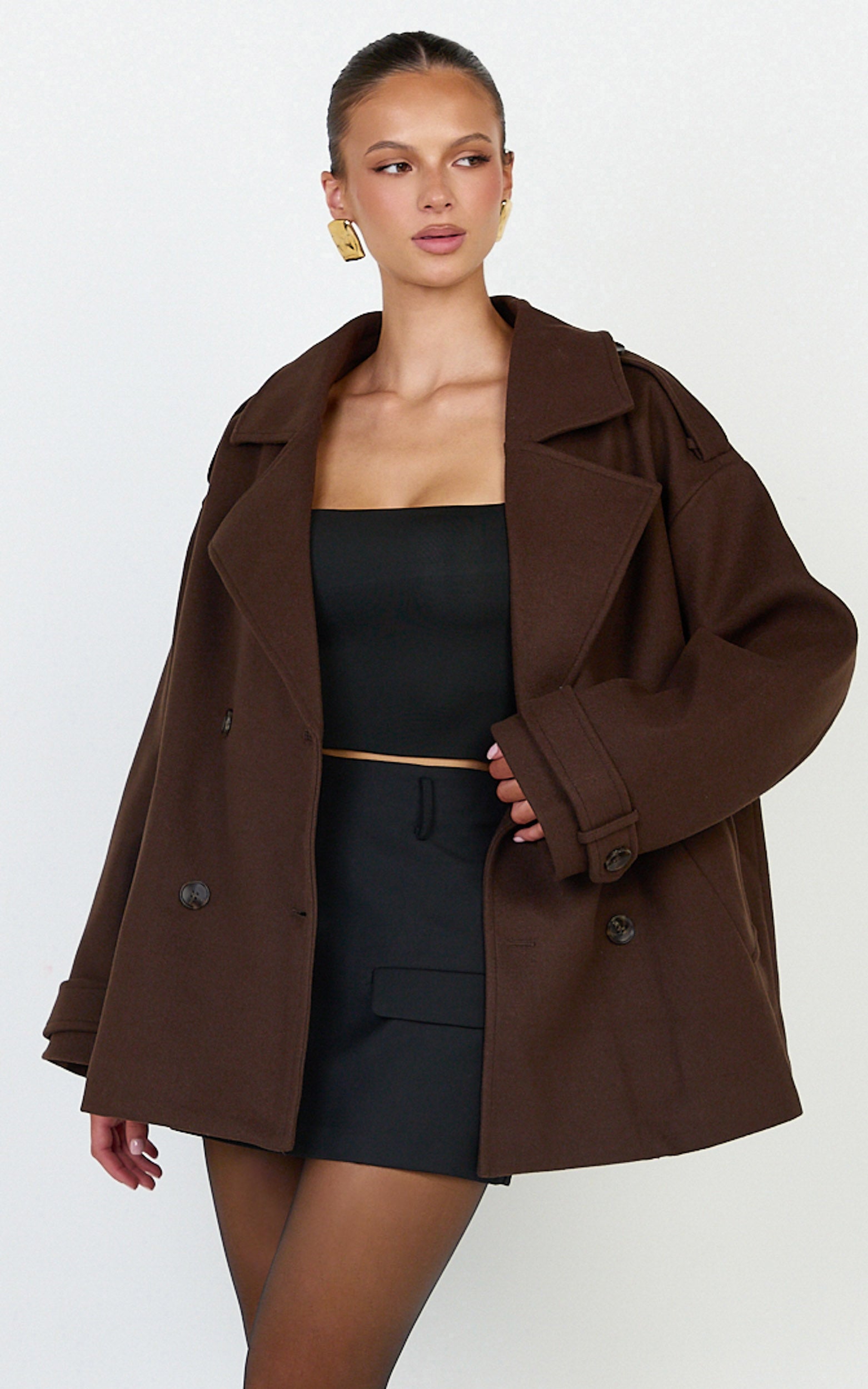Saskia Coat - Double Breasted Short Wool Like Coat in Chocolate
