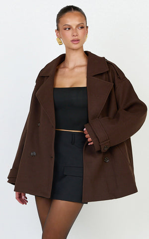 Saskia Coat - Double Breasted Short Wool Like Coat in Chocolate