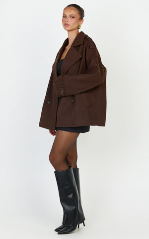 Saskia Coat - Double Breasted Short Wool Like Coat in Chocolate