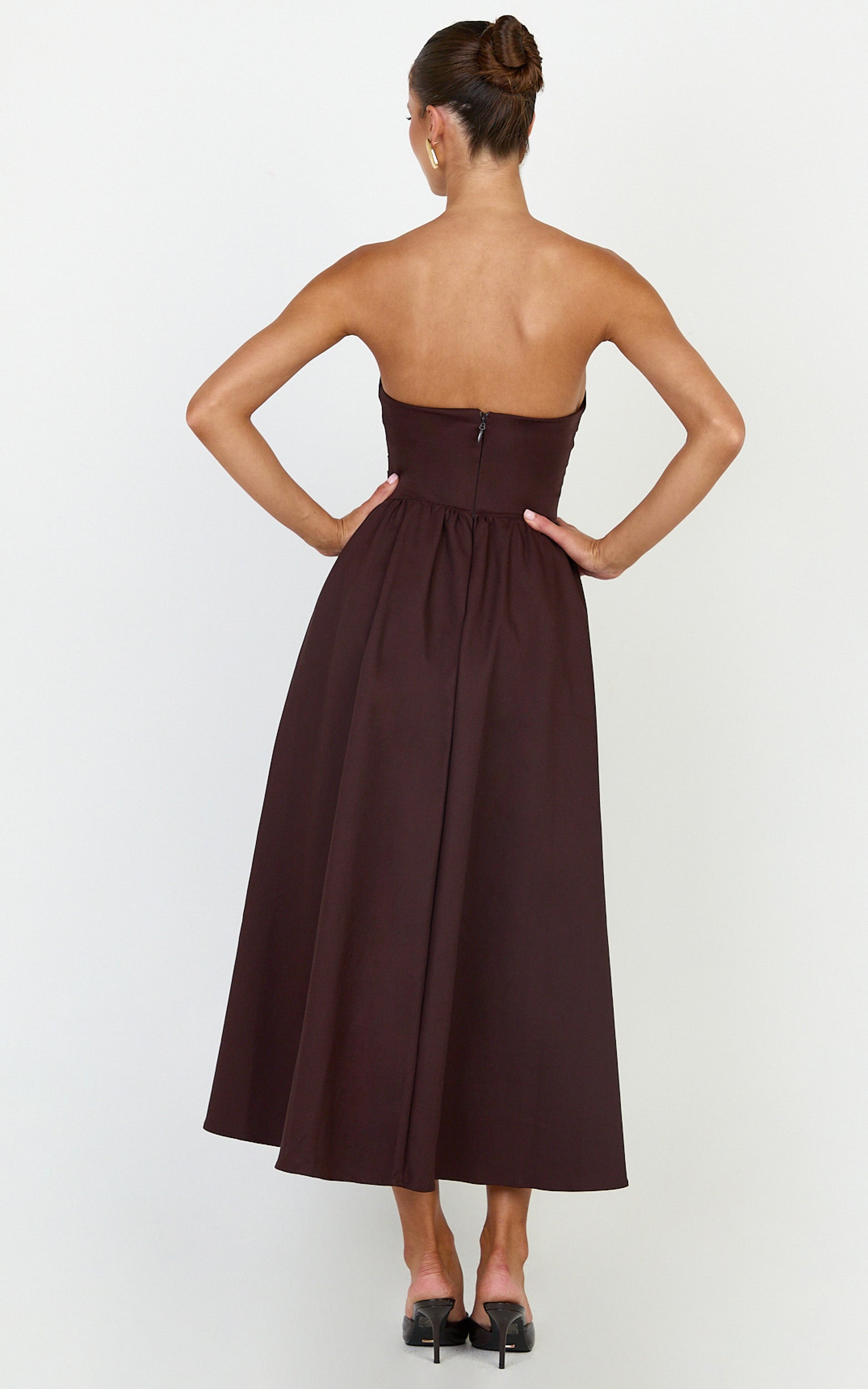 Amara Midi Dress - Strapless Fit And Flare Dress in Chocolate