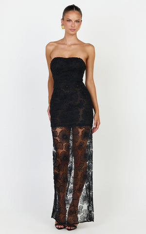Lima Maxi Dress - Strapless Floral Embellished Column Dress in Black