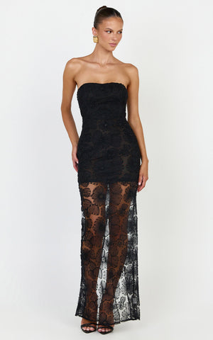 Lima Maxi Dress - Strapless Floral Embellished Column Dress in Black