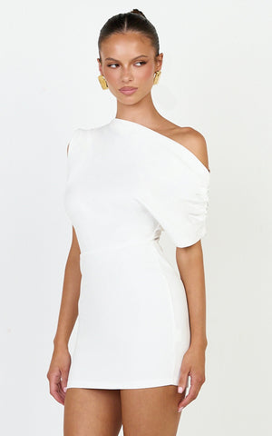 Nalfie Mini Dress - Tipped Shoulder Jersey Drape Dress in White