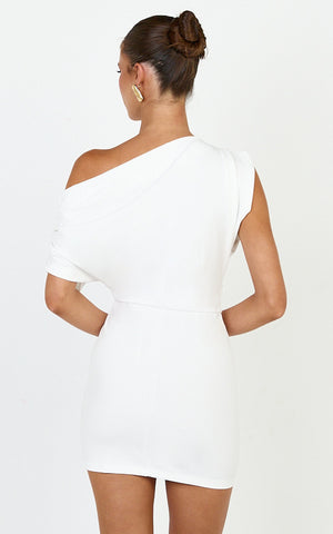 Nalfie Mini Dress - Tipped Shoulder Jersey Drape Dress in White