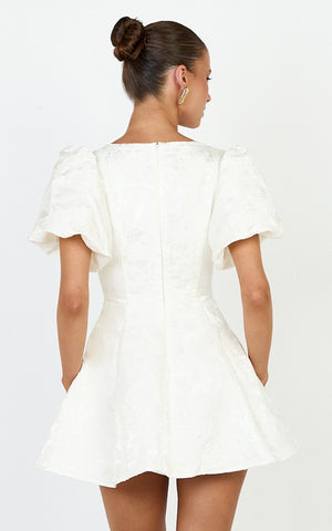 Rosalie Mini Dress - Floral Jacquard V Neck Fit and Flare Dress in White
