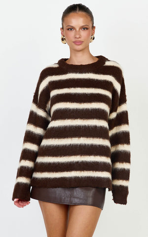 Aria Jumper - Fluffy Striped Knit Jumper in Chocolate
