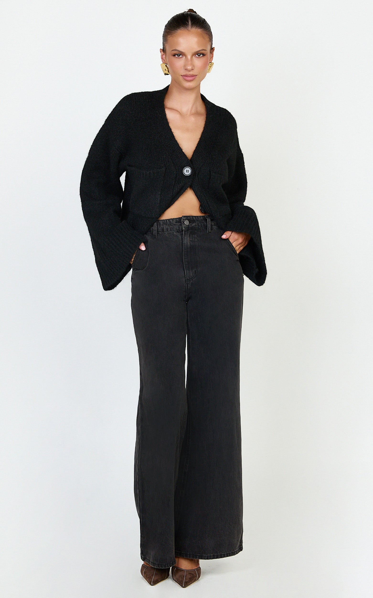 Becka Cardigan - Oversized Recycled Knitted Button Through Cardigan in Black
