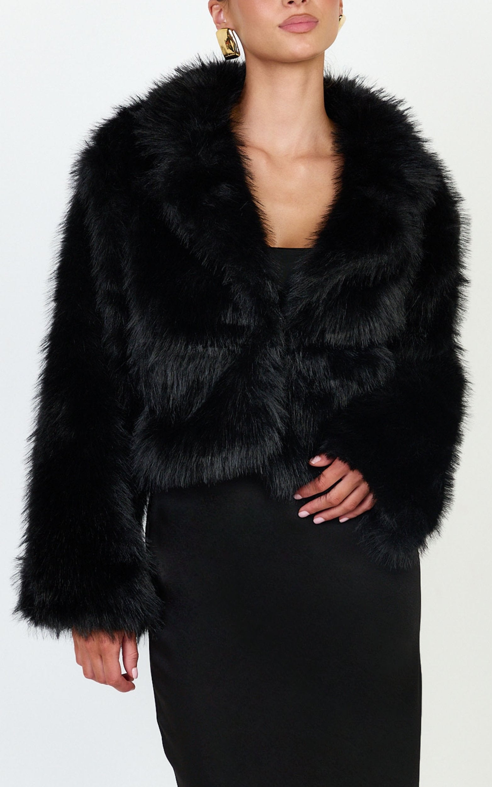 Charisse Coat - Oversized Crop Faux Fur Coat in Black